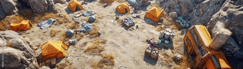 An aerial view of a campsite with orange tents and scattered supplies in a rocky terrain. An aerial view of a campsite with orange tents and scattered supplies in a rocky terrain.