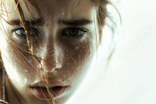 A woman expressing sadness, with teary eyes and a downturned mouth, against a white background. photo