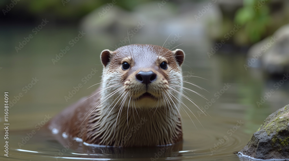 Cute River Otter in River, Wild Animal in Natural Habitat Cute River Otter in River, Wild Animal in Natural Habitat