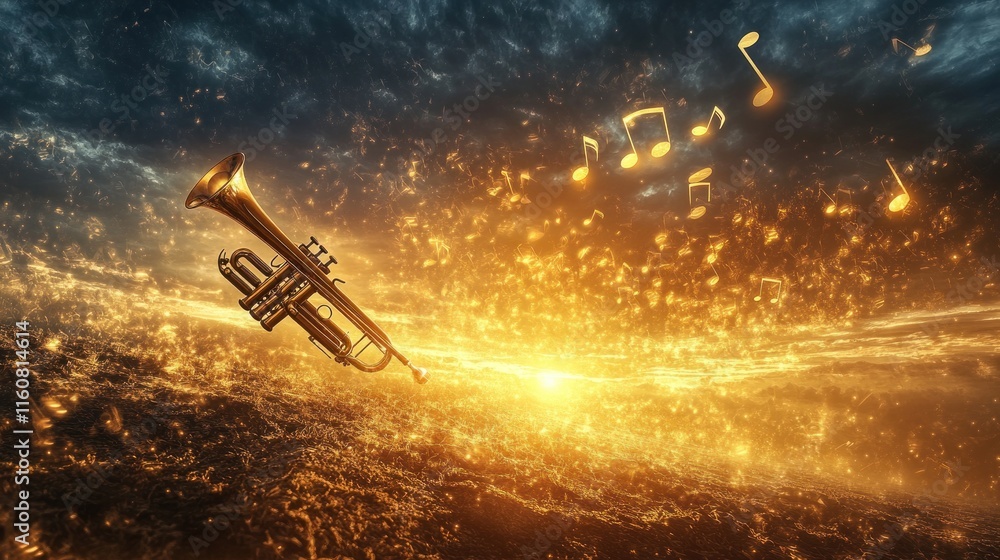 Golden trumpet floats in a sunset sky with musical notes. Golden trumpet floats in a sunset sky with musical notes.