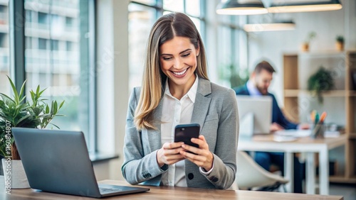 Smiling young professional business woman, happy businesswoman holding smartphone standing in office using mobile looking at cell phone, texting on cellphone, typing on cellular technology device. 