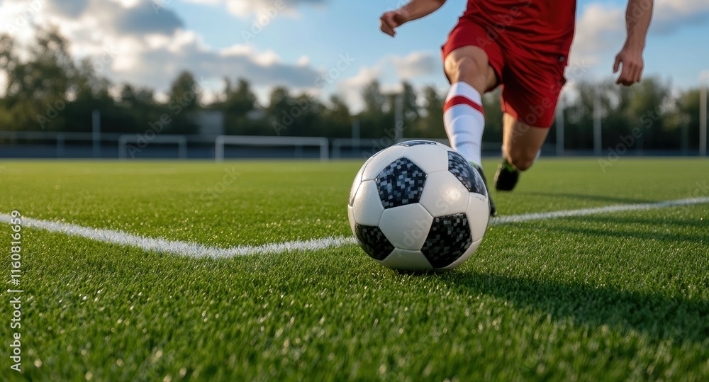 Fototapeta premium Soccer player strikes the ball on a lush grass field under stadium lights, creating a dynamic moment in an exciting sporting event.