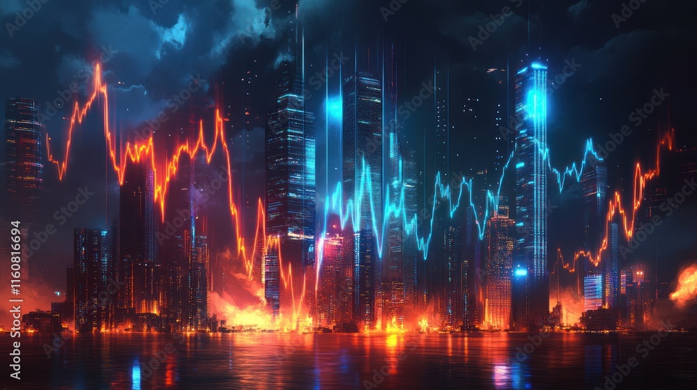 Futuristic city skyline with dynamic stock market graphs overlay. Futuristic city skyline with dynamic stock market graphs overlay.