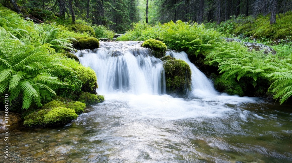 Serene waterfall flowing through lush greenery in a forest. Serene waterfall flowing through lush greenery in a forest.