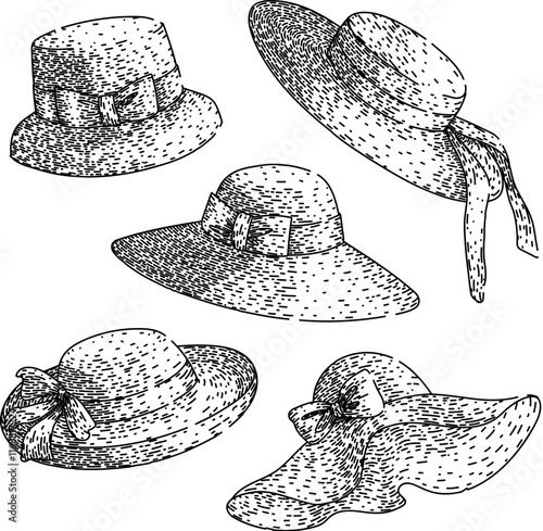 sunhat set hand drawn. shade beach, uv brim, headwear accessory sunhat vector sketch. isolated black illustration
