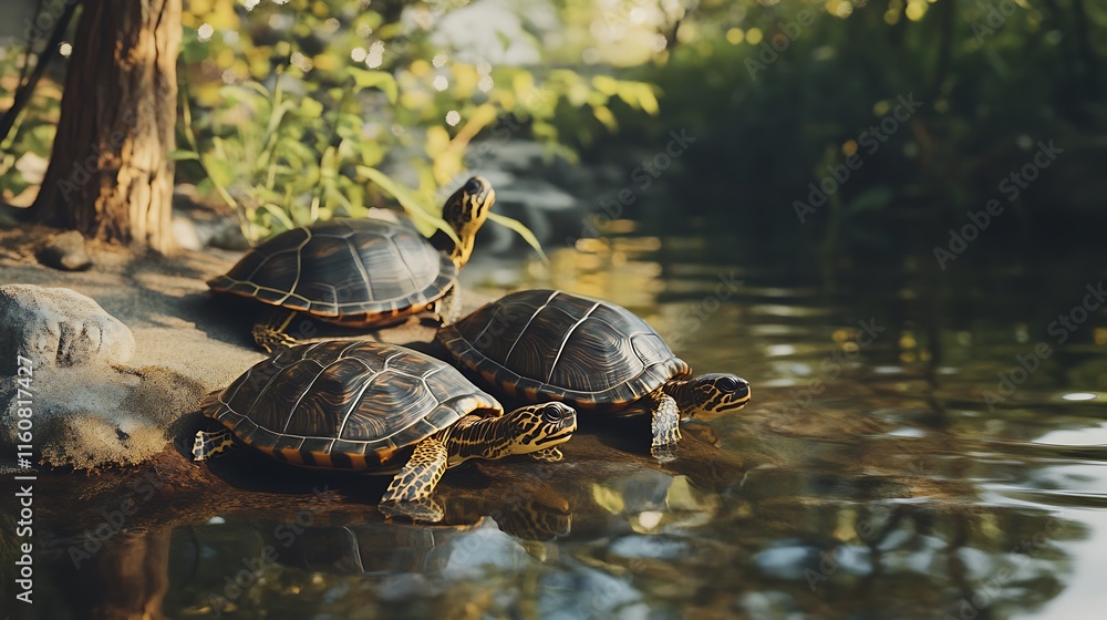 Fototapeta premium Three Turtles by the Pond's Edge: A Serene Nature Scene