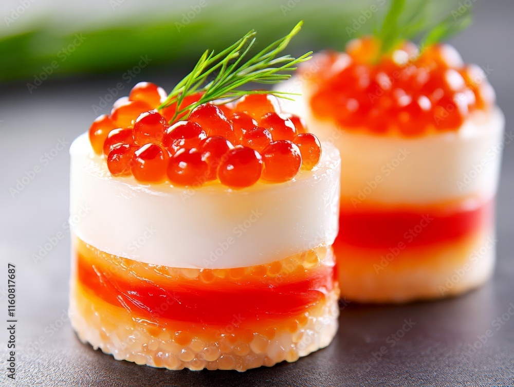 Gourmet layered appetizer featuring salmon roe, creamy mousse, and a crispy base, topped with a sprig of rosemary for an exquisite dining experience, ideal for fine food photography Gourmet layered appetizer featuring salmon roe, creamy mousse, and a crispy base, topped with a sprig of rosemary for an exquisite dining experience, ideal for fine food photography