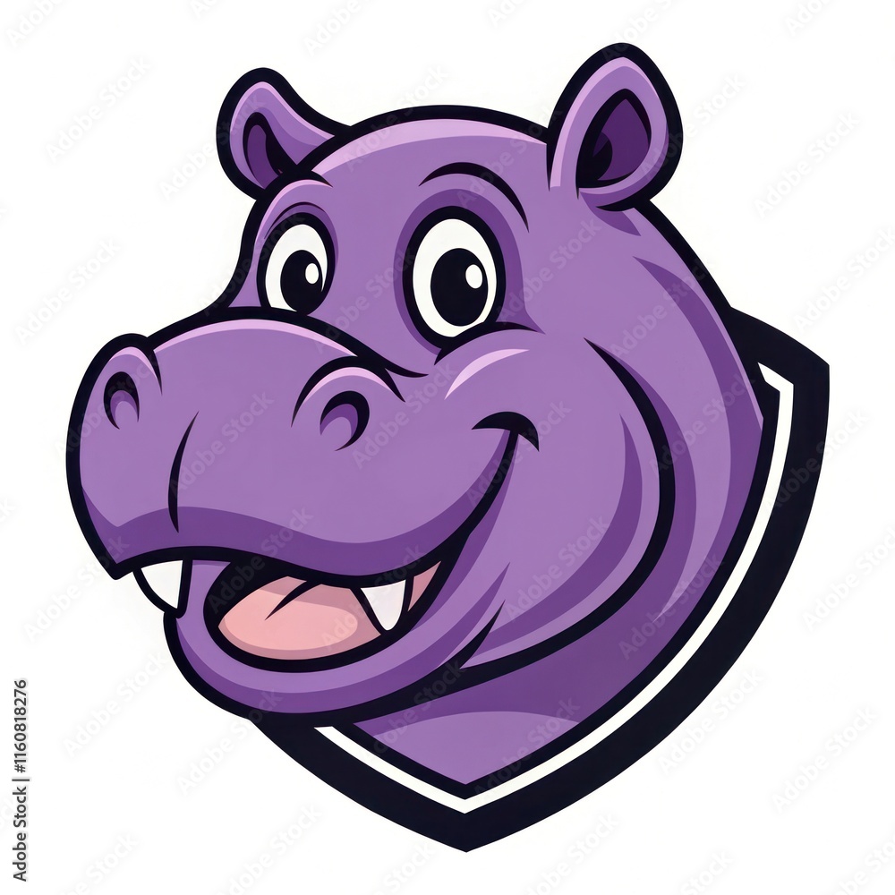 Fototapeta premium Cute Purple Hippo Mascot With a Friendly Smile on a White Background