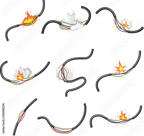 broken cable set cartoon. damage frayed, insulation maintenance, diagnostics signal broken cable sign. isolated symbol vector illustration