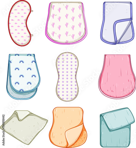 burp cloths set cartoon. soft cotton, newborn infant, washable drool burp cloths sign. isolated symbol vector illustration