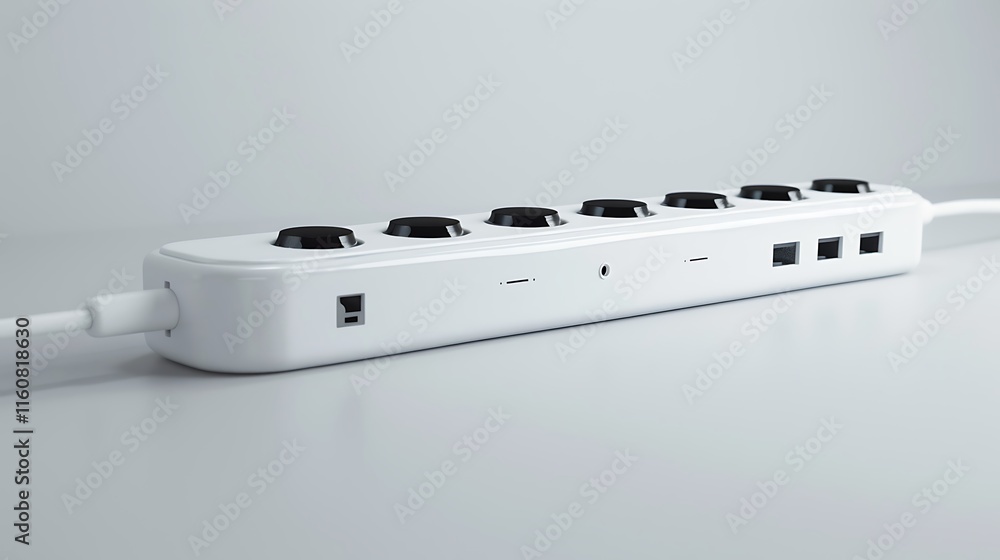 A slim power strip with surge protection, resting on white. A slim power strip with surge protection, resting on white.