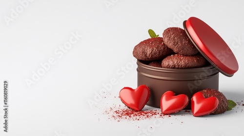 Heart-shaped cookie tins with delicious treats in a minimalistic style. Generative AI photo