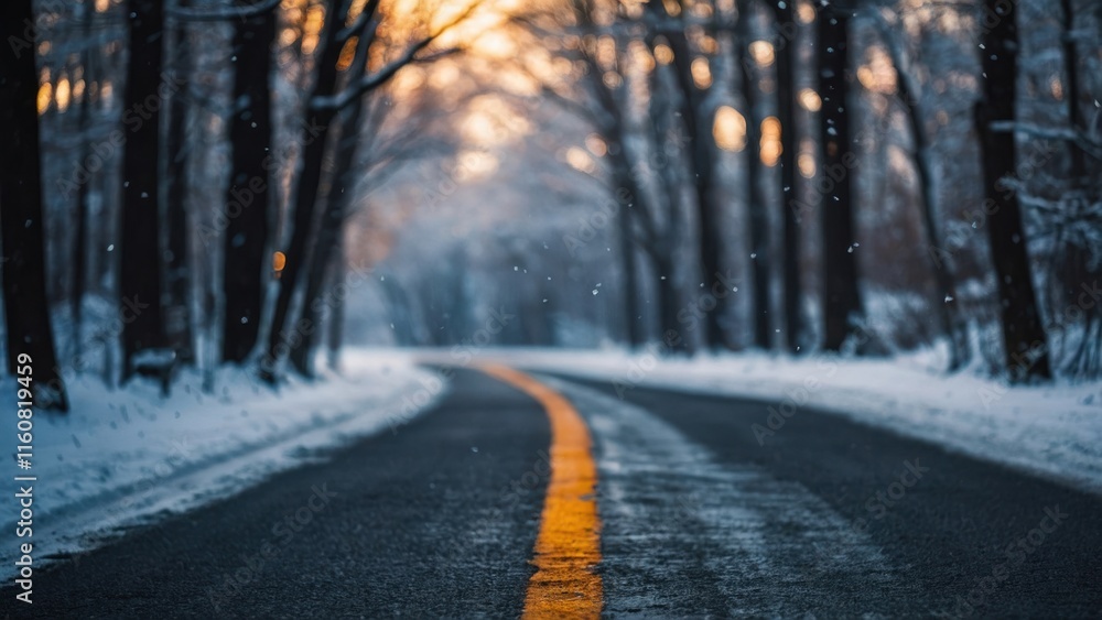 Obraz premium Snow-Covered Road Amidst a Forest in Winter, Symbolizing Tranquility and Beauty