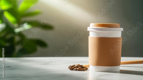 Coffee Cup with Beans on Marble Counter. Generative AI photo