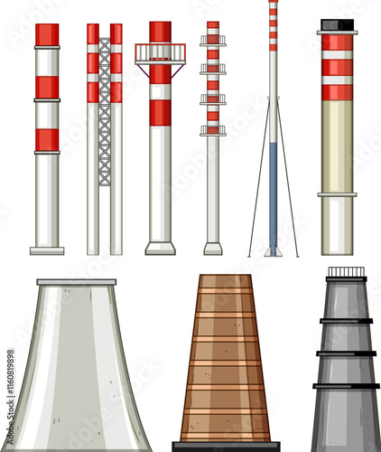 industrial chimney set cartoon. emissions smoke, draft height, diameter material industrial chimney sign. isolated symbol vector illustration