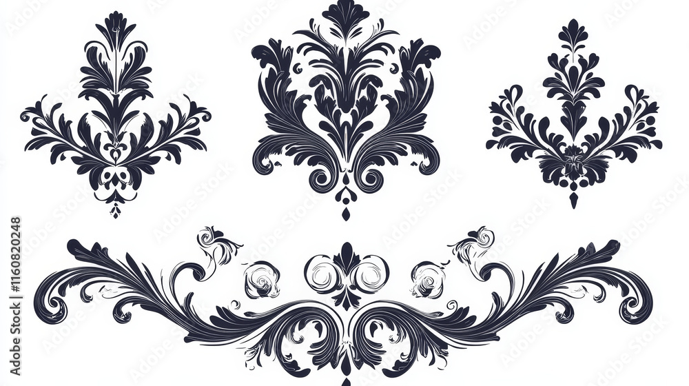 Floral motifs and design elements in swirl damask style isolated on white Floral motifs and design elements in swirl damask style isolated on white