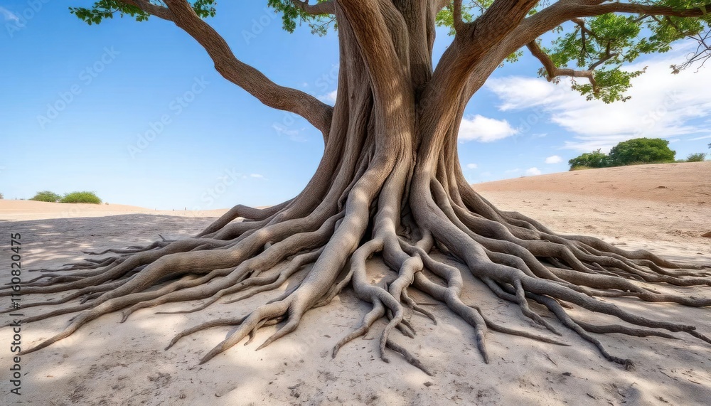 Ancient Tree Roots Spreading Across Arid Desert Terrain Ancient Tree Roots Spreading Across Arid Desert Terrain