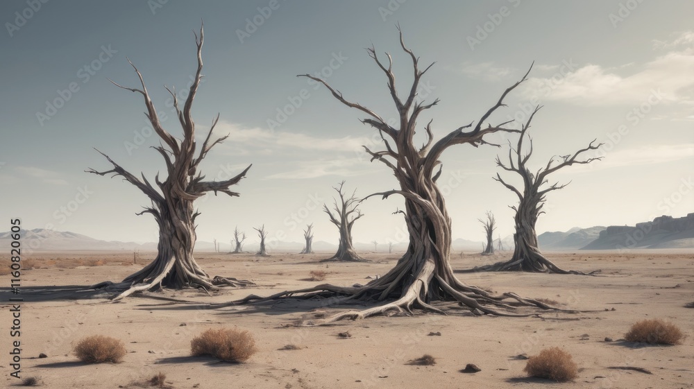 Desolate Desert Scene with Bare Trees and Dry Ground Desolate Desert Scene with Bare Trees and Dry Ground