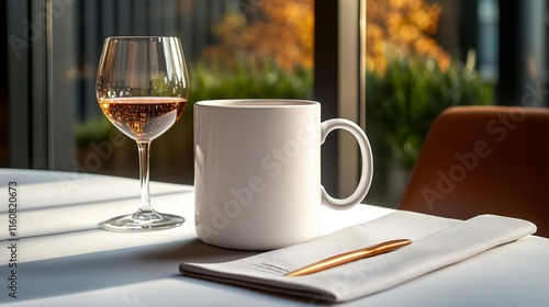 Elegant Coffee Mug with a Wine Glass on a Table. Generative AI photo