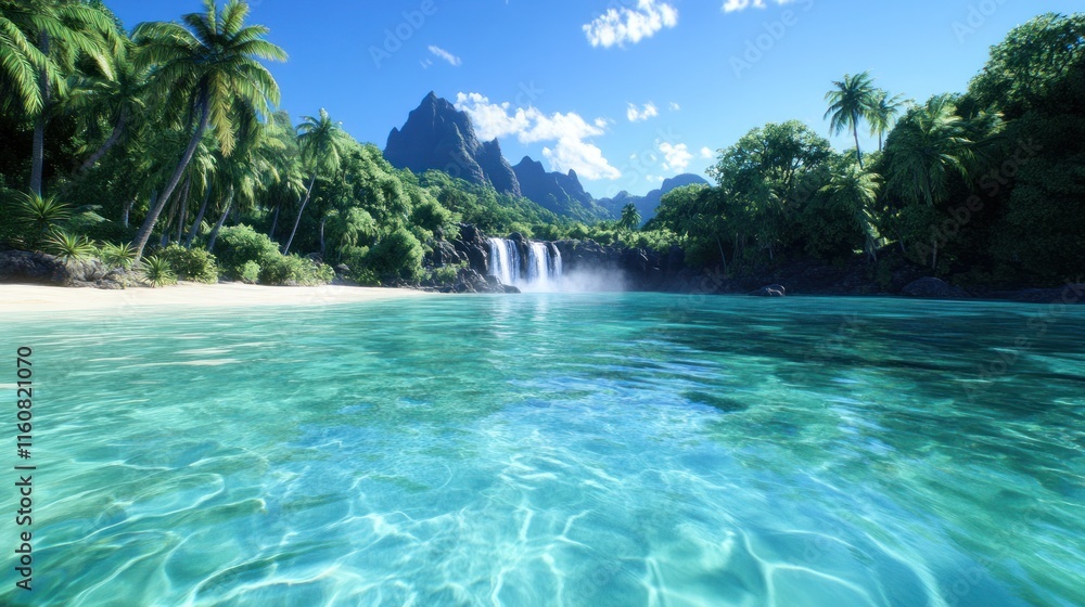 Fototapeta premium Serene tropical landscape with clear water and lush greenery.
