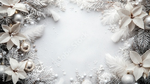 Festive Abstract Christmas Border with White Flowers, Silver Ornaments, and Natural Elements Creating a Winter Wonderland Frame for Holiday Celebrations photo