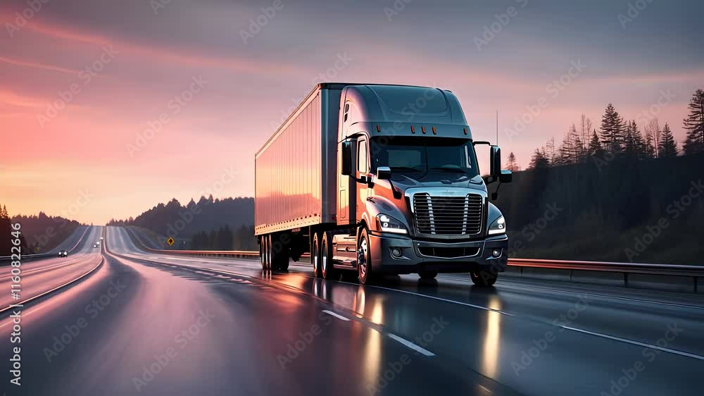 Modern Semi-Truck Driving on Wet Highway at Sunset with Reflective Road and Scenic Countryside Background
Modern Semi-Truck Driving on Wet Highway at Sunset with Reflective Road and Scenic Countryside Background