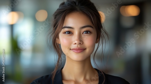 Free Download Happy Asian businesswoman in an office, potentially at a presentation or workshop - GFXLoad