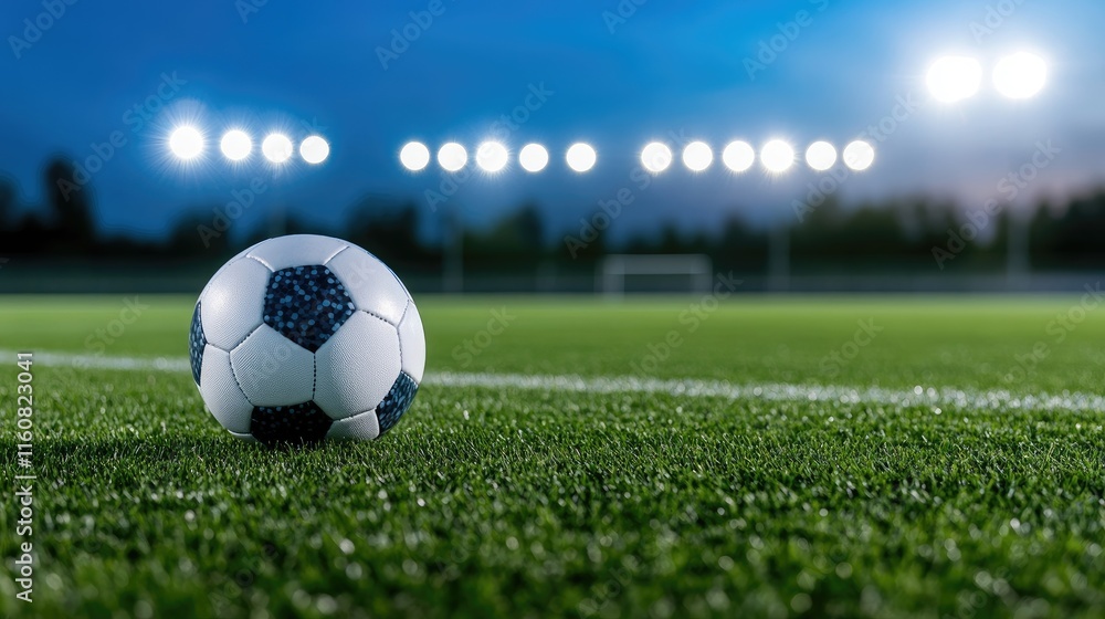 Obraz premium A soccer ball is positioned on the field inside a stadium as bright lights illuminate the surroundings in the evening.