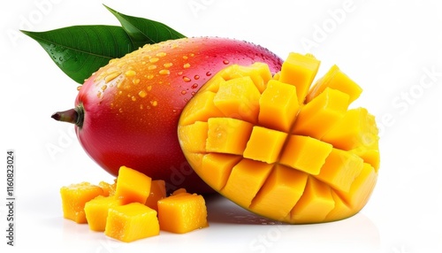 Fresh Whole Mango Isolated on White Background with Sliced Pieces and Green Leaves photo