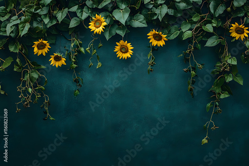 A wall with sunflowers and green leaves hanging down