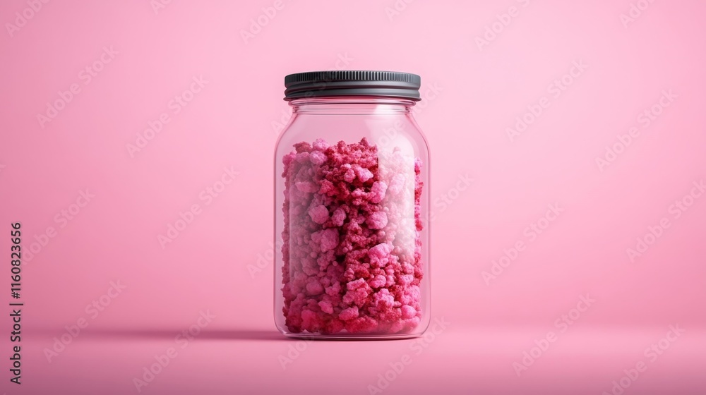 Jar of Pink and Red Sprinkles on a Pink Background. Generative AI Jar of Pink and Red Sprinkles on a Pink Background. Generative AI