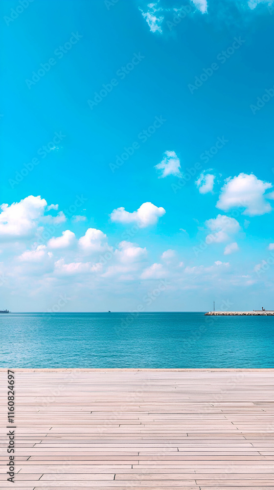 Fototapeta premium Tranquil Seascape, Wooden Deck Views Azure Ocean and Sky with Fluffy Clouds on a Sunny Day