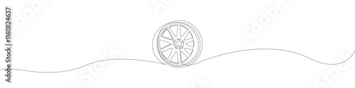 Car wheel icon line continuous drawing vector. One line Car wheel icon vector background. Disc icon. Continuous outline of a Car wheel icon.