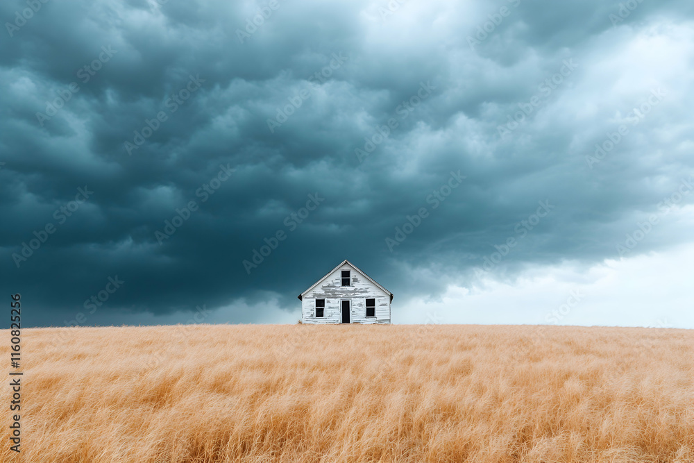 Abandoned House in a Golden Field Under a Stormy Sky, Nature's Powerful Display of Dramatic Weather, Emphasizing Solitude and Tranquility. Abandoned House in a Golden Field Under a Stormy Sky, Nature's Powerful Display of Dramatic Weather, Emphasizing Solitude and Tranquility.