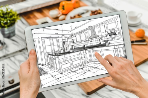 Tablet shows kitchen sketch and finished design. Home interior software.