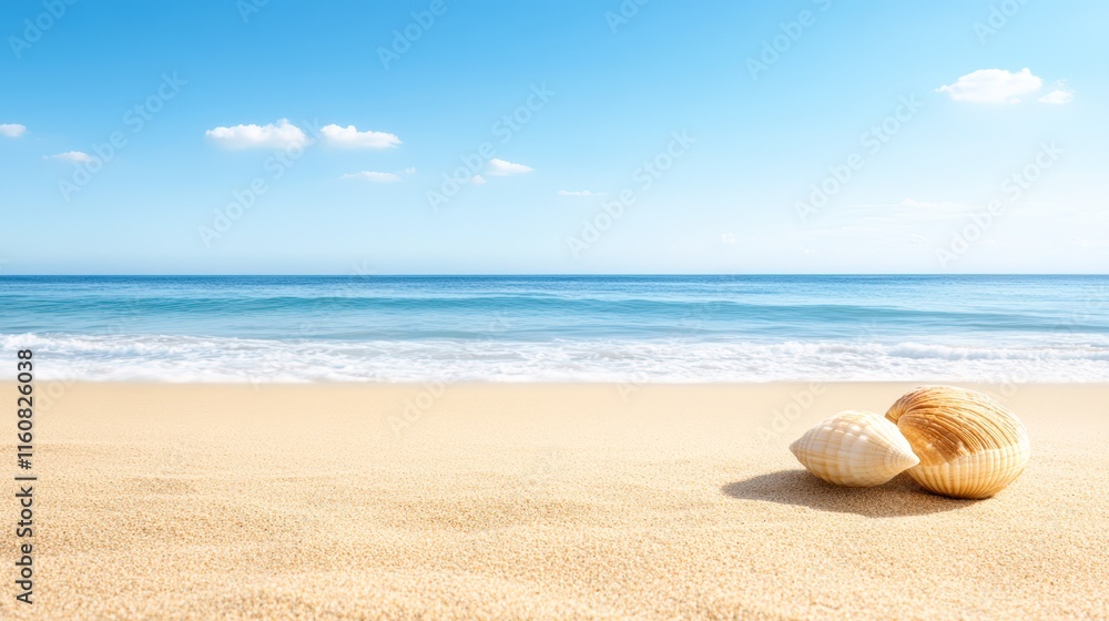 A serene beach scene featuring seashells on soft sand, perfect for summer-themed projects, travel blogs, or decorations, The calm blue ocean and clear sky enhance relaxation and tranquility, A serene beach scene featuring seashells on soft sand, perfect for summer-themed projects, travel blogs, or decorations, The calm blue ocean and clear sky enhance relaxation and tranquility,
