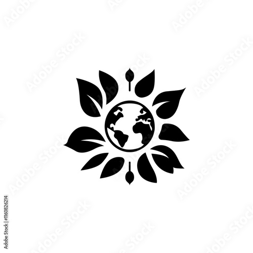 Vector icon of planet with leaves logo. Planet ecology icon vector. Earth biosphere preservation logo. Black icon of leaves around the earth. Nature protection vector icon.