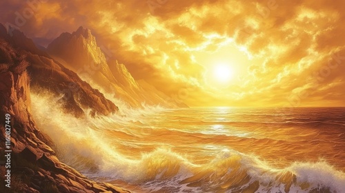 Golden sunset over dramatic coastal landscape with crashing waves.