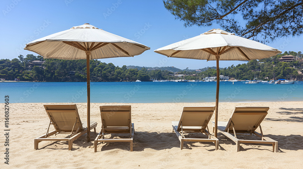 Serene Beach Vacation, Sandy Shores, Calm Waters, inviting Lounge Chairs under Beach Umbrellas. Serene Beach Vacation, Sandy Shores, Calm Waters, inviting Lounge Chairs under Beach Umbrellas.