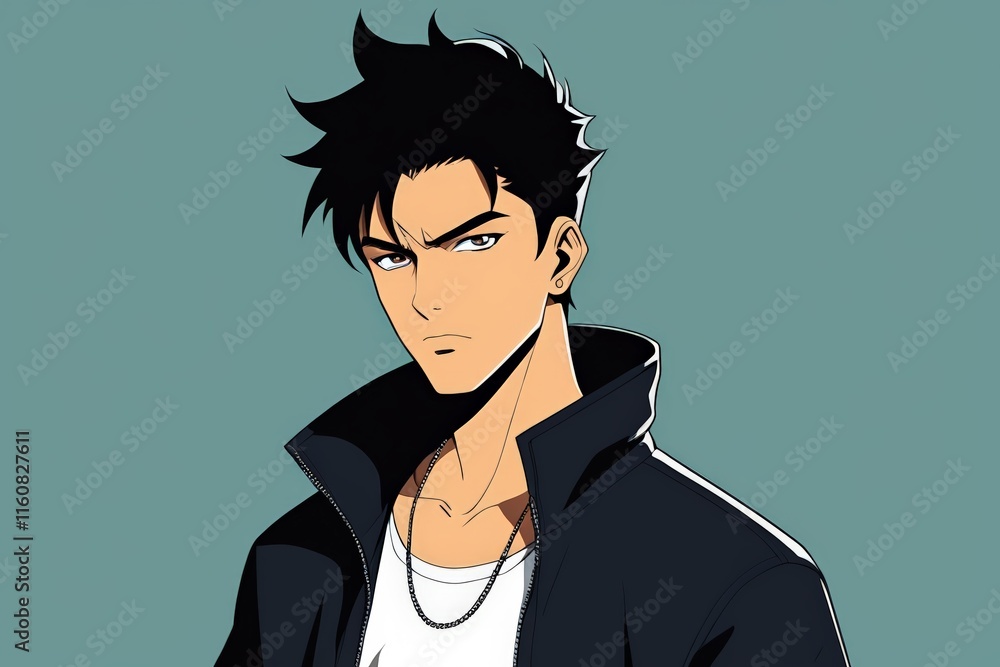 Fototapeta premium anime guy with black hair and white shirt and black jacket
