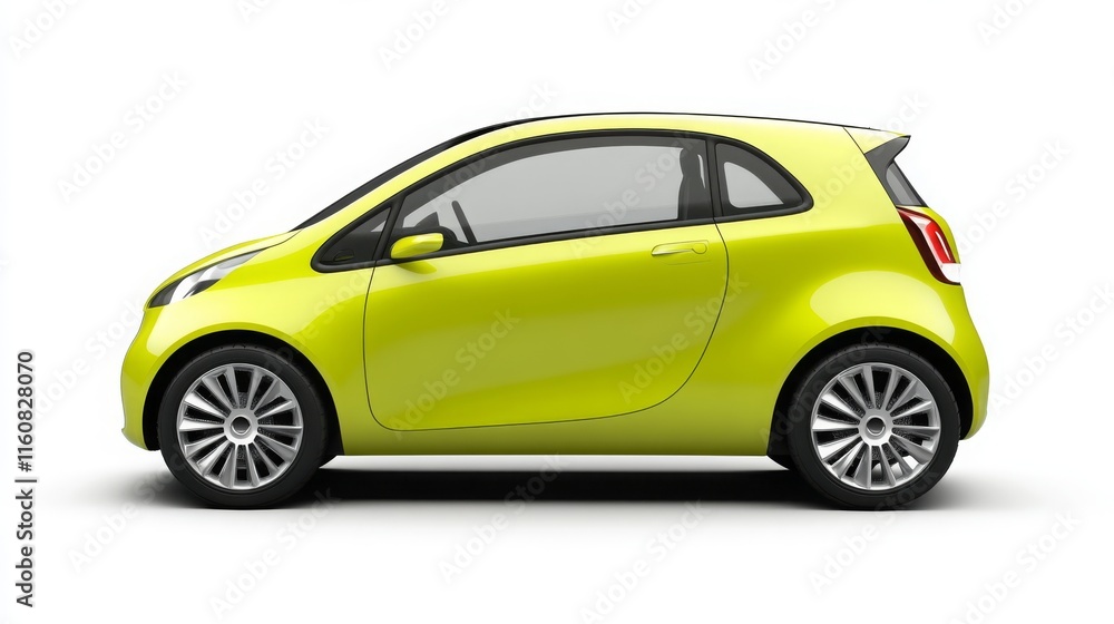 Obraz premium Bright Yellow Compact Car with a Modern Design and Sleek Lines Perfect for Urban Driving and Eco-Friendly Transportation in a White Background