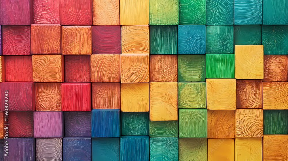 Fototapeta premium Colorful wooden cubes background, top view