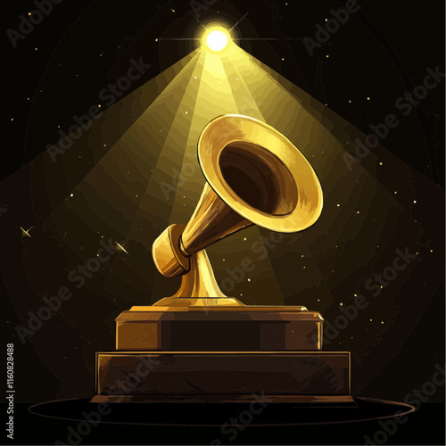 Golden gramophone trophy under spotlight on dark background
