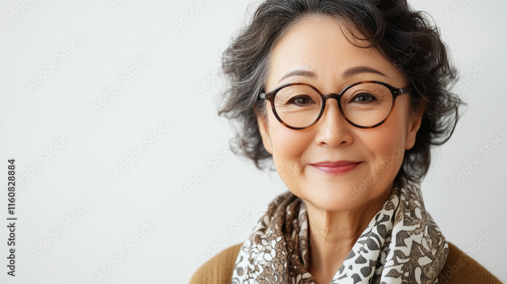 Obraz premium スタジオで撮影された50代日本人女性の眼鏡とスカーフ姿のポートレート