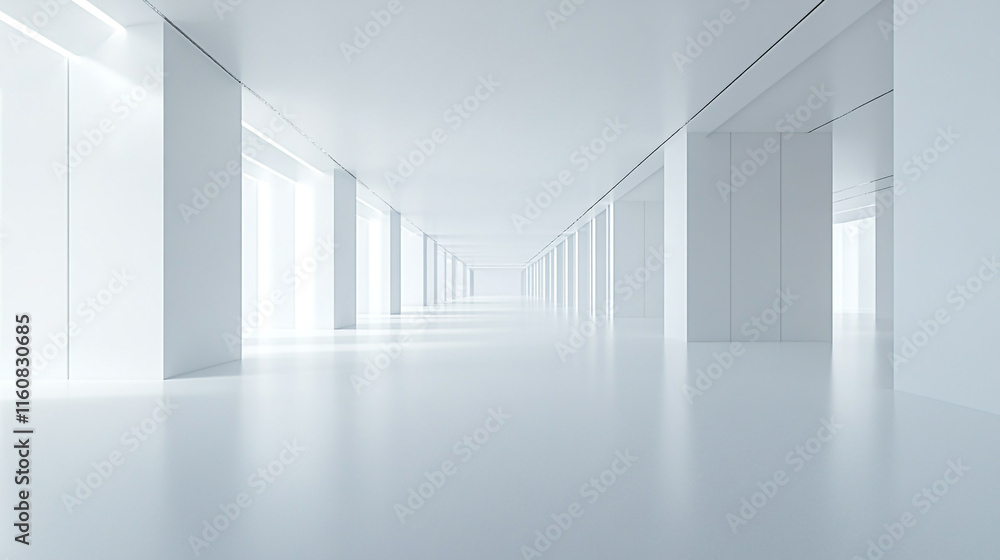 Expansive white interior with sleek lines and natural light in modern architecture Expansive white interior with sleek lines and natural light in modern architecture