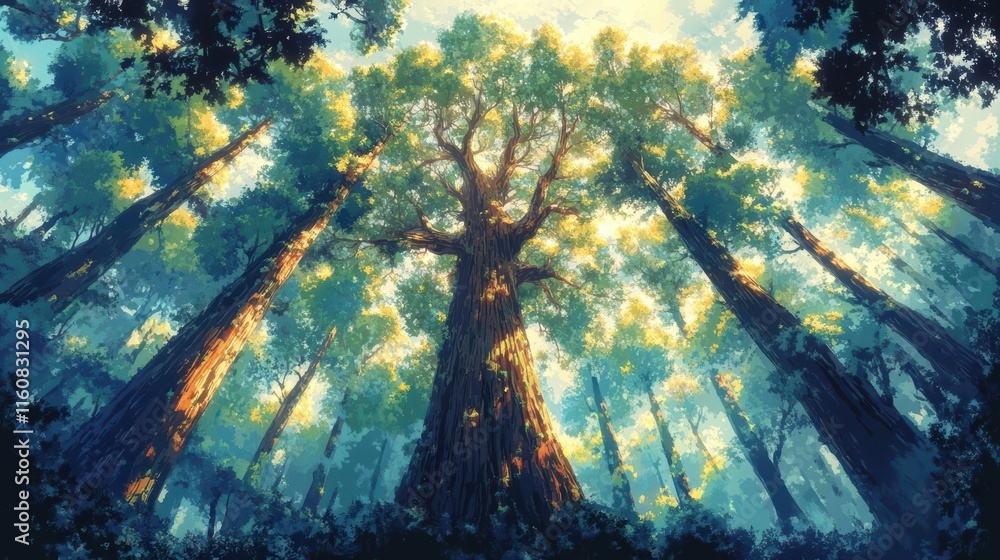 Obraz premium A majestic, towering Redwood tree symbolizing growth and legacy, bathed in warm sunlight, reaching high above a lush forest canopy in a digital watercolor style