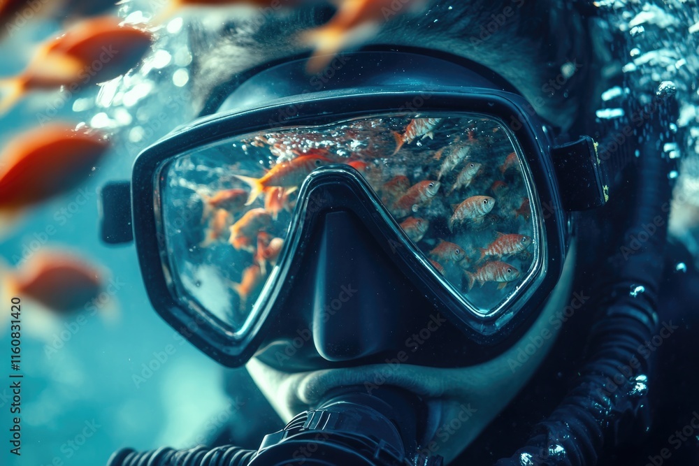 Underwater scene featuring diver surrounded by colorful fish, vi Underwater scene featuring diver surrounded by colorful fish, vi