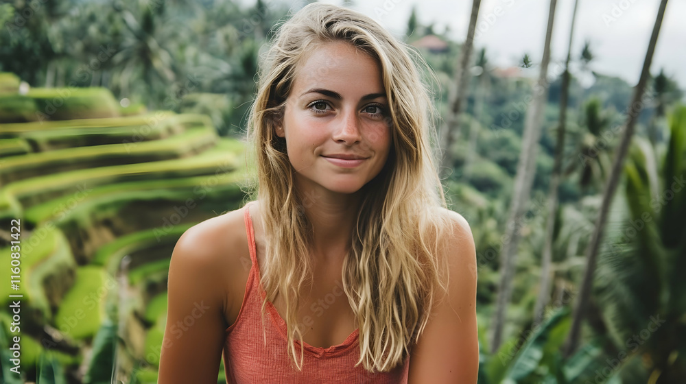 Woman near vibrant rice terraces Bali Indonesia Asia tropical greenery peaceful view Woman near vibrant rice terraces Bali Indonesia Asia tropical greenery peaceful view