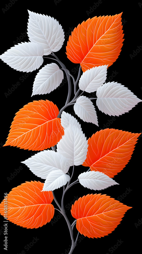 Obraz premium Orange and White Leaves Branch, A Botanical Illustration