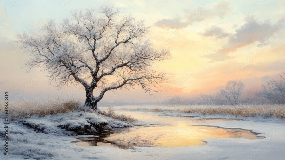 Frosty winter sunrise landscape with snow-covered tree and calm river reflecting golden light. Frosty winter sunrise landscape with snow-covered tree and calm river reflecting golden light.